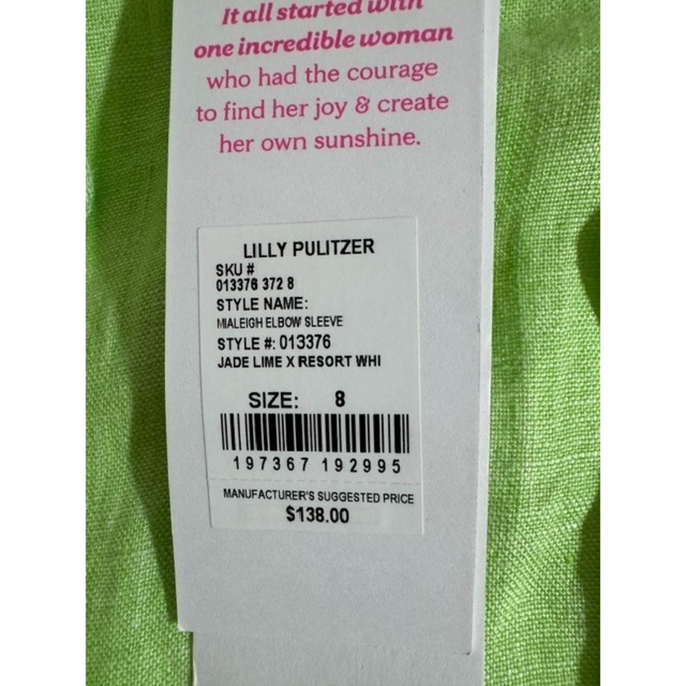 NWT Lilly Pulitzer Mialeigh Linen Top Jade Lime Elbow Sleeve Size 8 - Picture 5 of 9